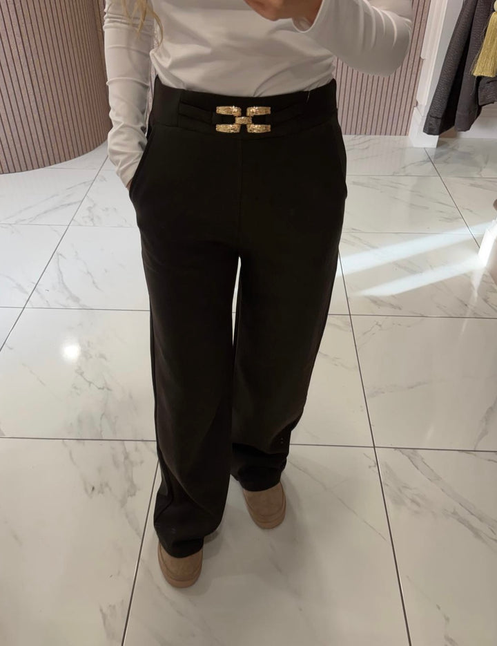 Chocolate Statement Gold Buckle Scuba Trousers