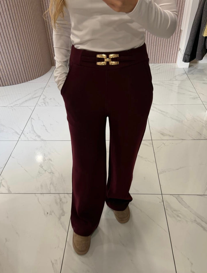 Burgundy Statement Gold Buckle Scuba Trousers