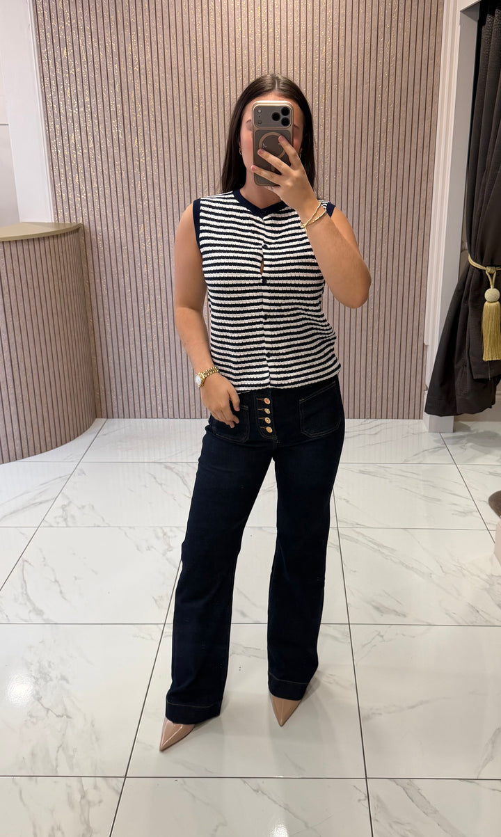 Honey Striped Navy Knit Button Front Top