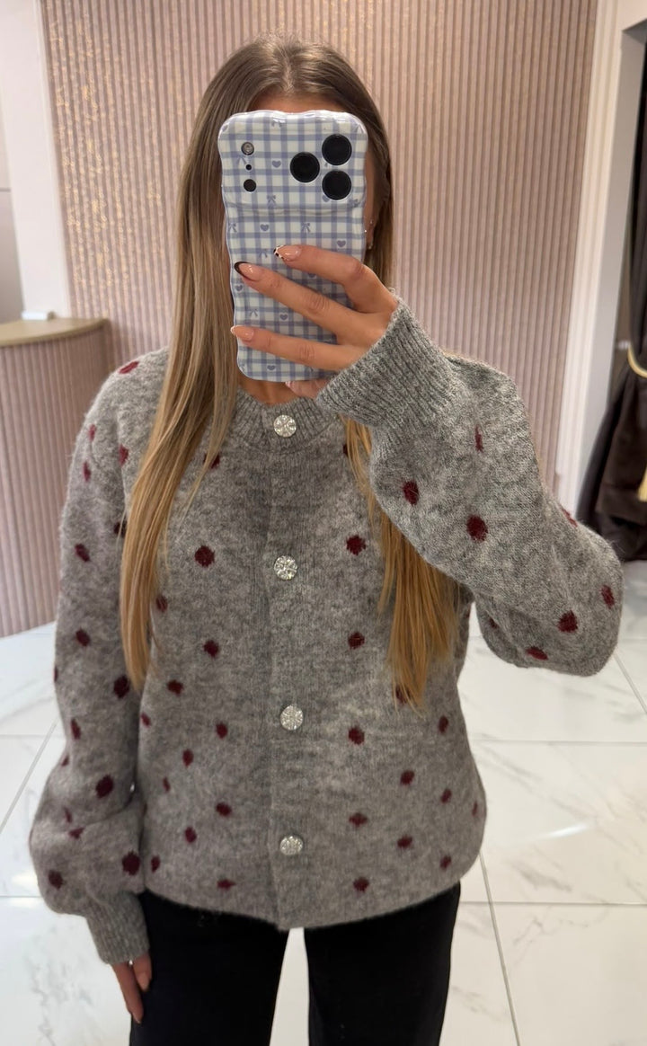 Layla Grey Polka Dot Knit Cardigan With Embellished Buttons
