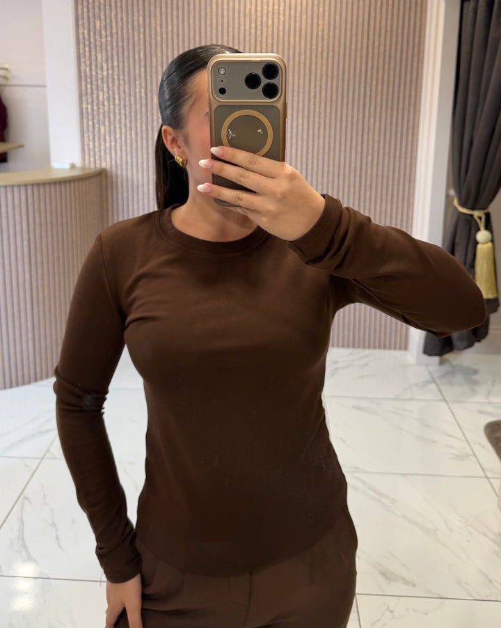 Trixie Chocolate Round Neck Cotton Long Sleeve Top