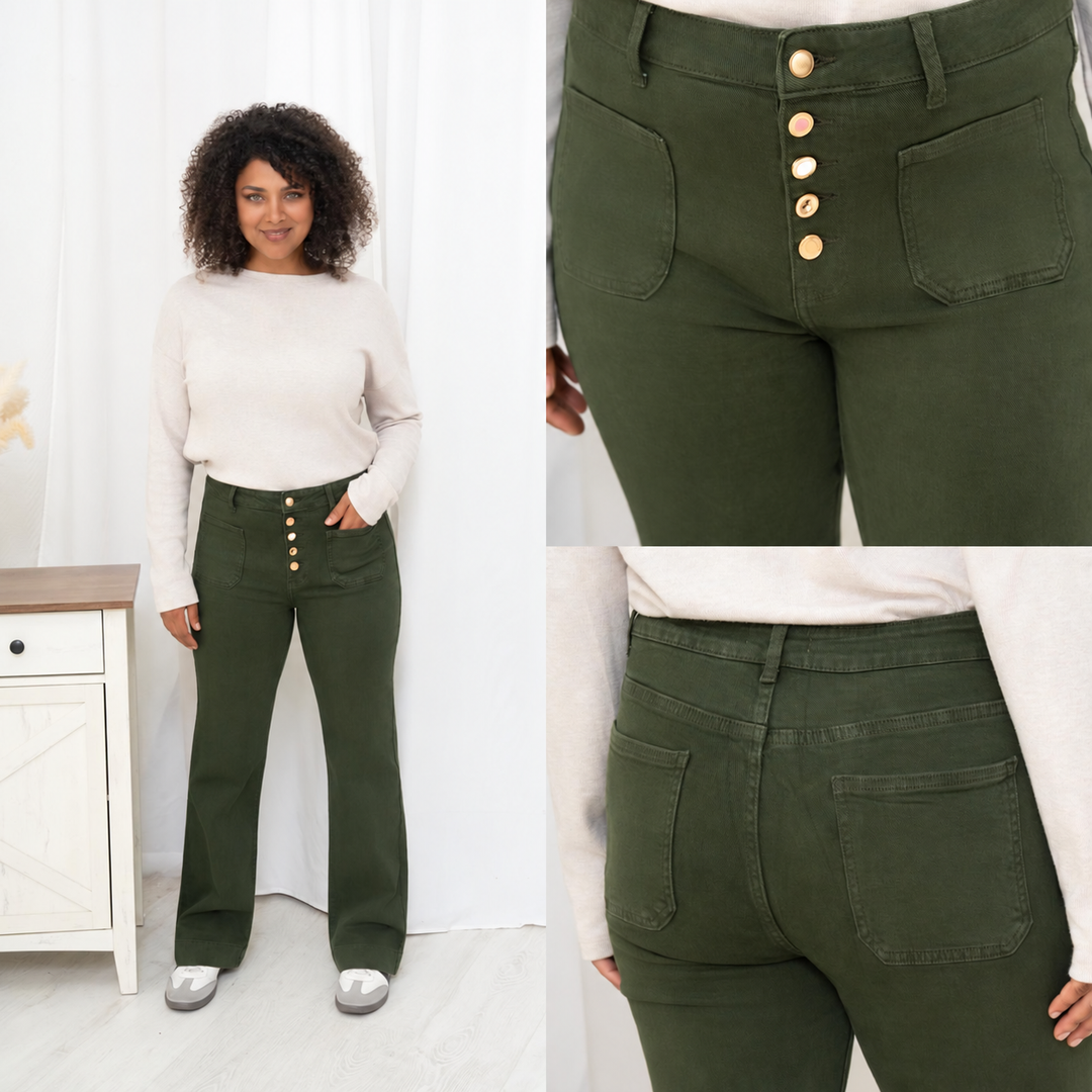 Edith Curve Khaki Button Front Jeans