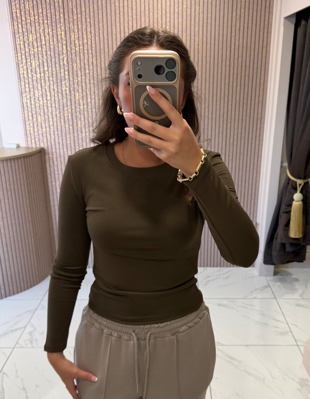Trixie Khaki Round Neck Cotton Long Sleeve Top