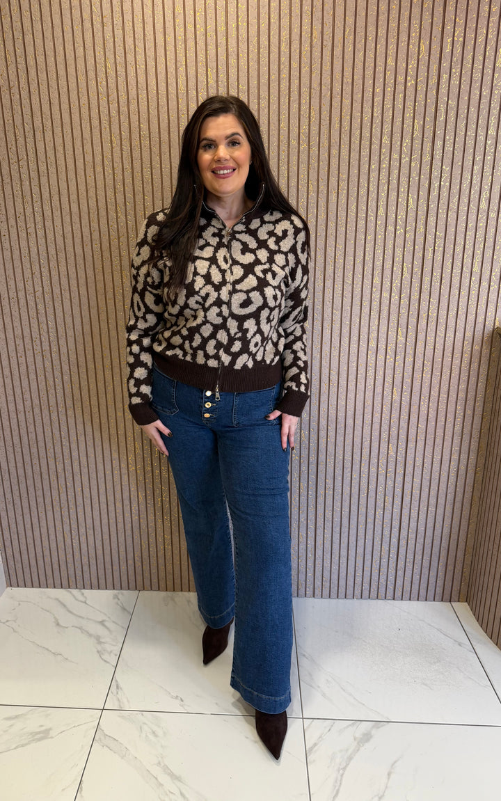 Aurora Chocolate Leopard Print Zip Up Cardigan