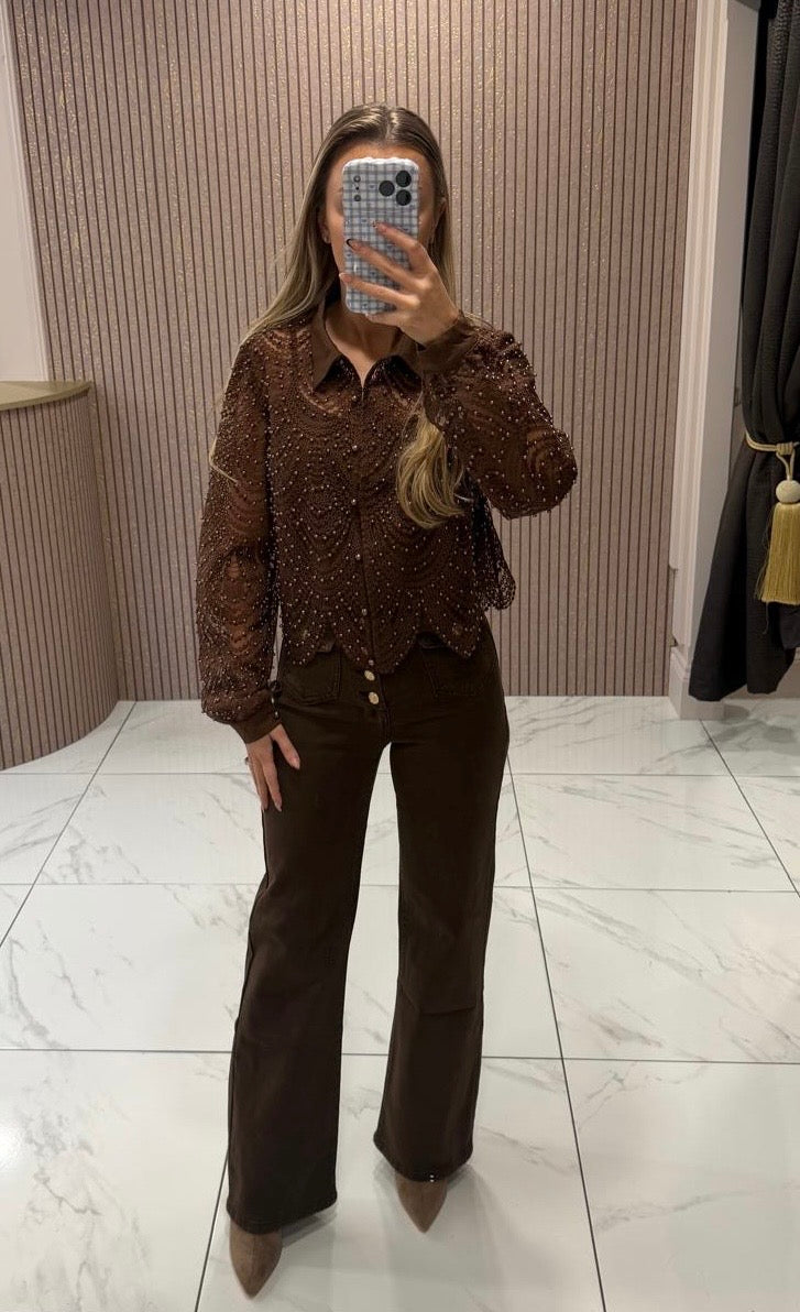 Ashlee Chocolate Pearl Embellished Blouse