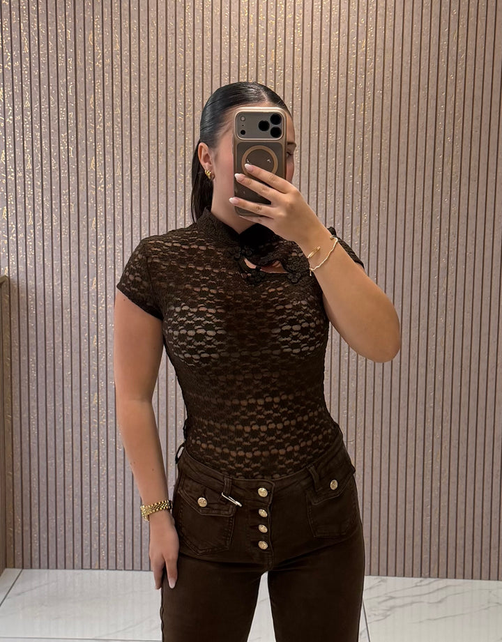 Fallon Chocolate Lace Mandarin Top