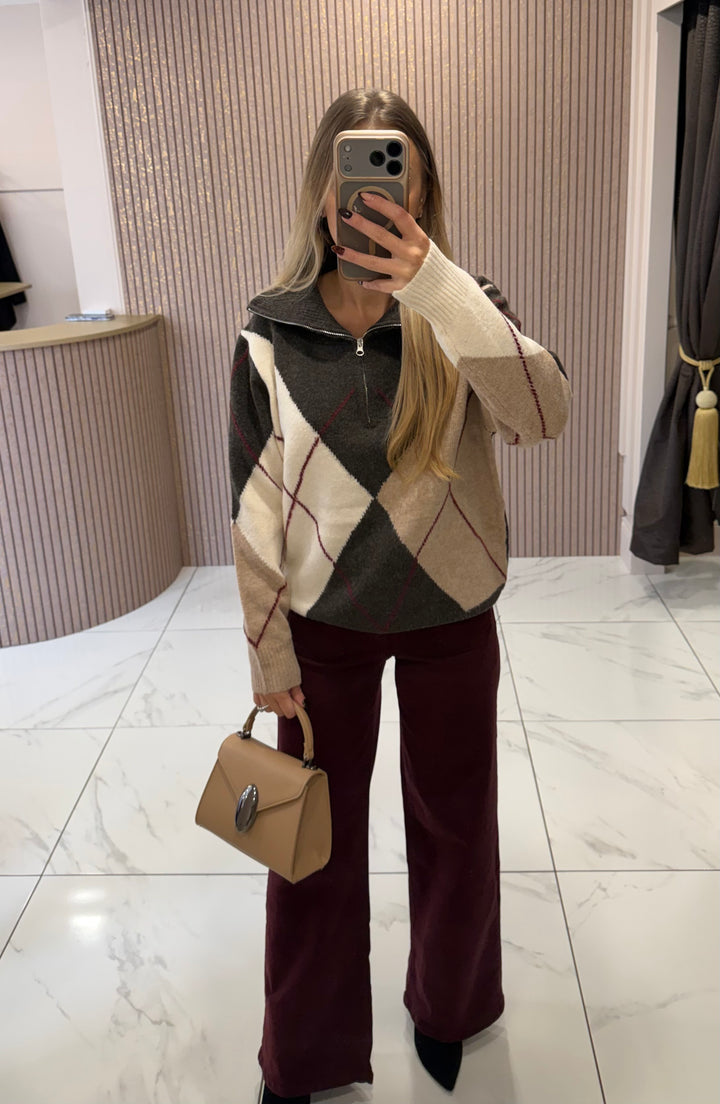 Annie Argyle Zip Up Knit Jumper