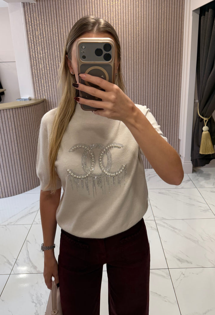 Chantelle Cream Pearl &amp; Crystal Knit Top