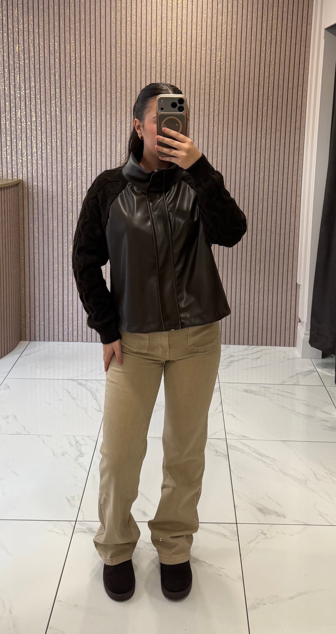 Georgie Chocolate Faux Leather &amp; Cable Knit Jacket
