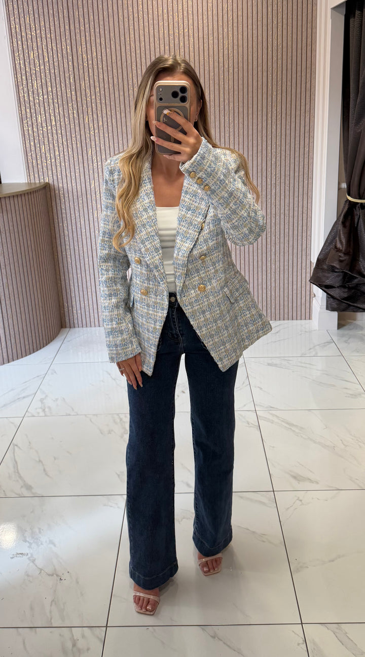 Emma Baby Blue Tweed Blazer With Gold Buttons