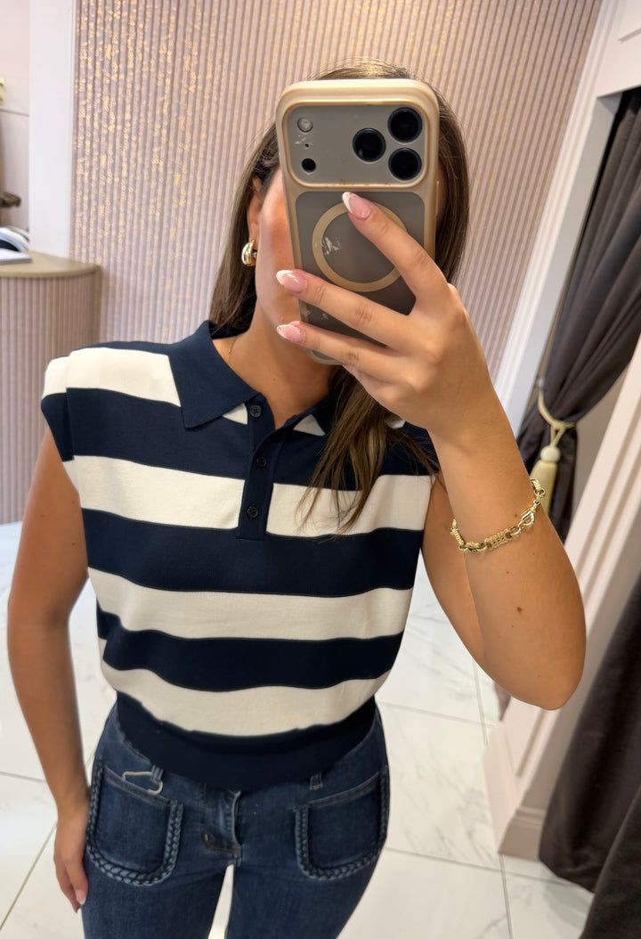 Rosie Navy Striped Fine Knit Button Top