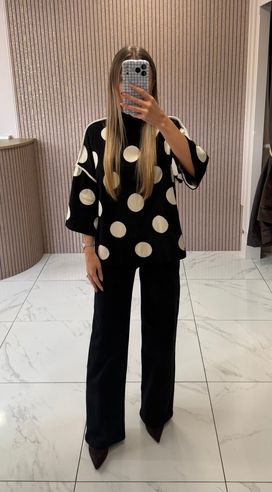 Florence Black &amp; Cream Polka Dot Knit Top/Jumper