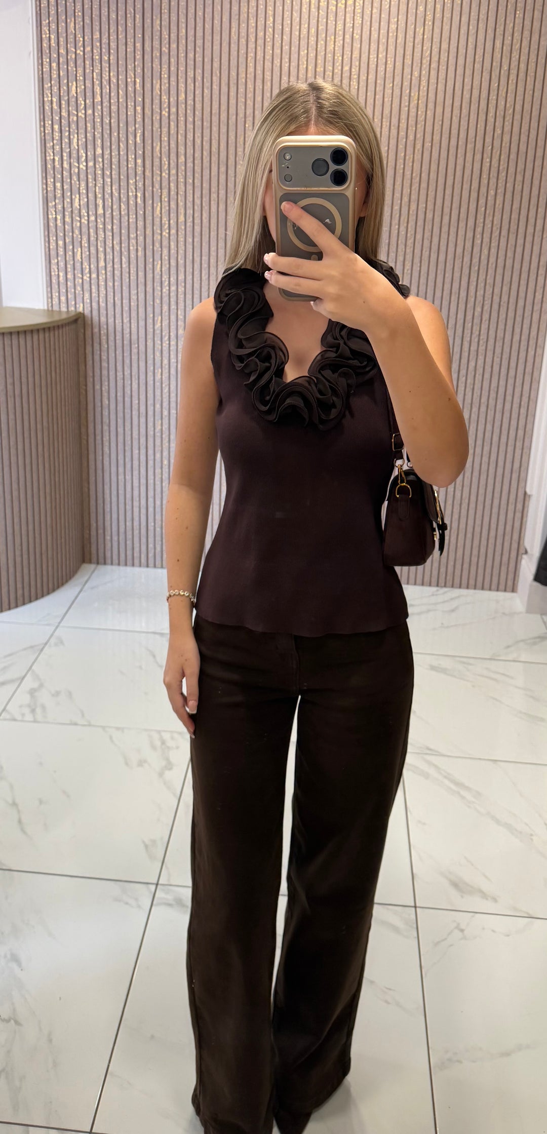 Eden Chocolate Fine Knit Ruffle Front Top