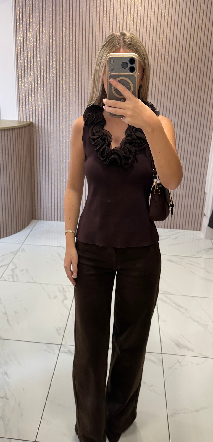 Eden Chocolate Fine Knit Ruffle Front Top