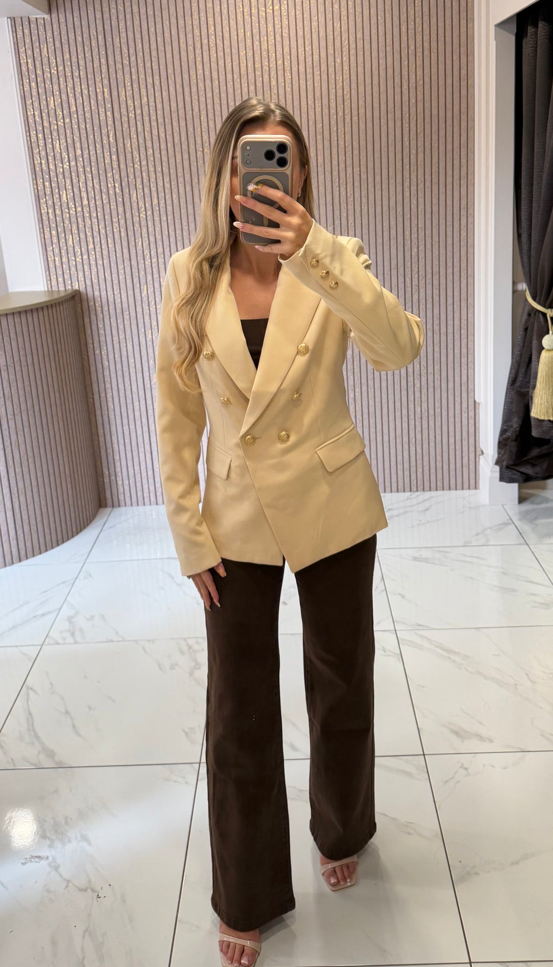 Alena Cream Gold Button Double Breasted Blazer