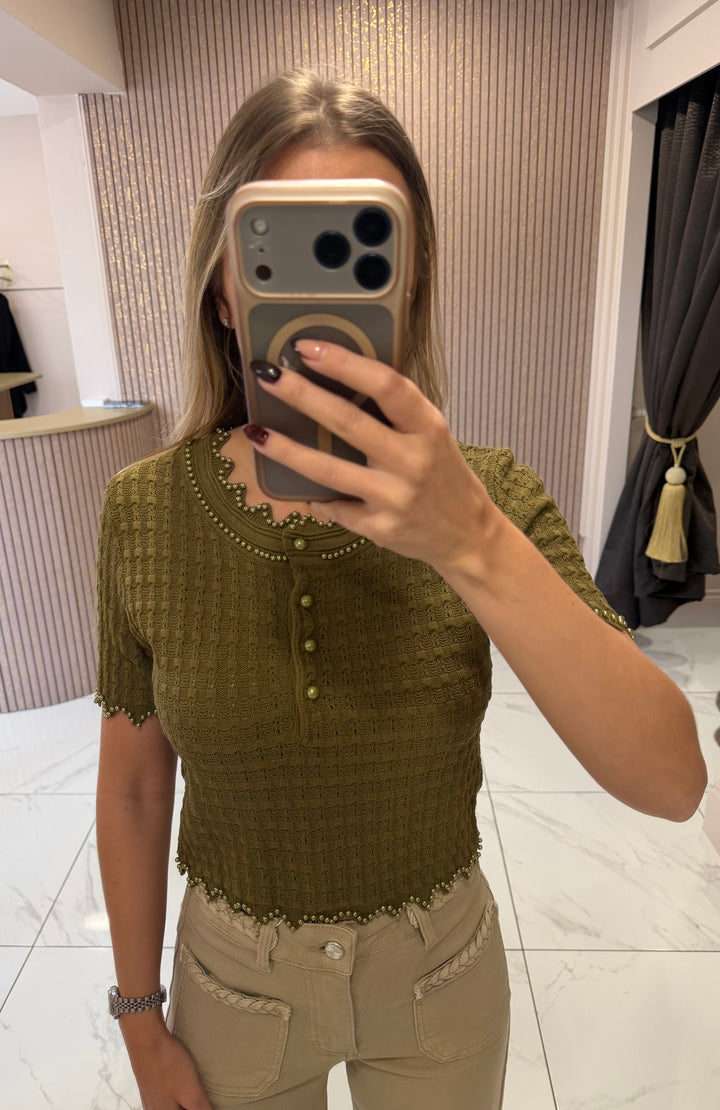 Loretta Pistachio Pearl Embellished Knit Top