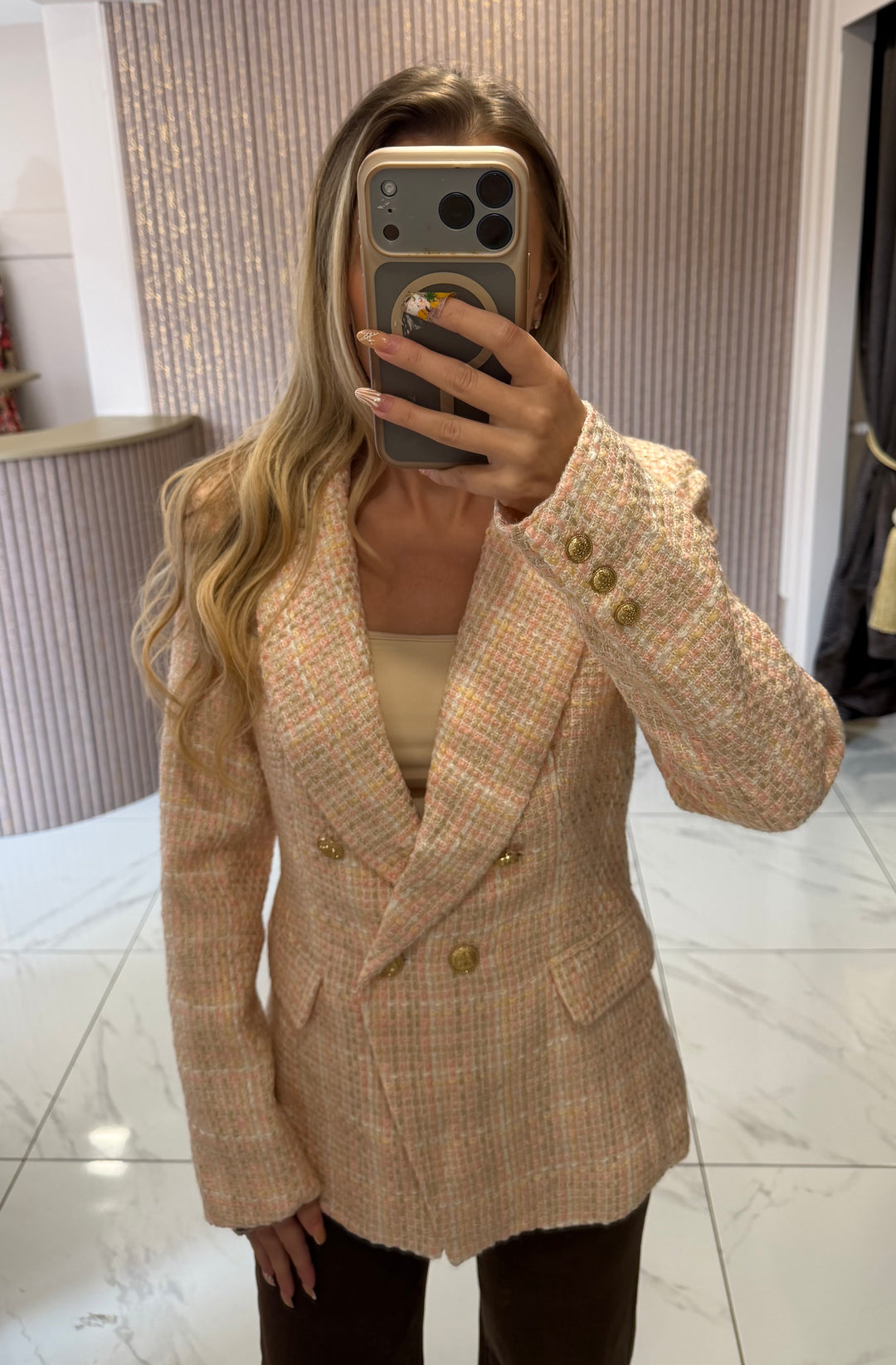 Hazel Dusky Pink Tweed Blazer With Gold Buttons