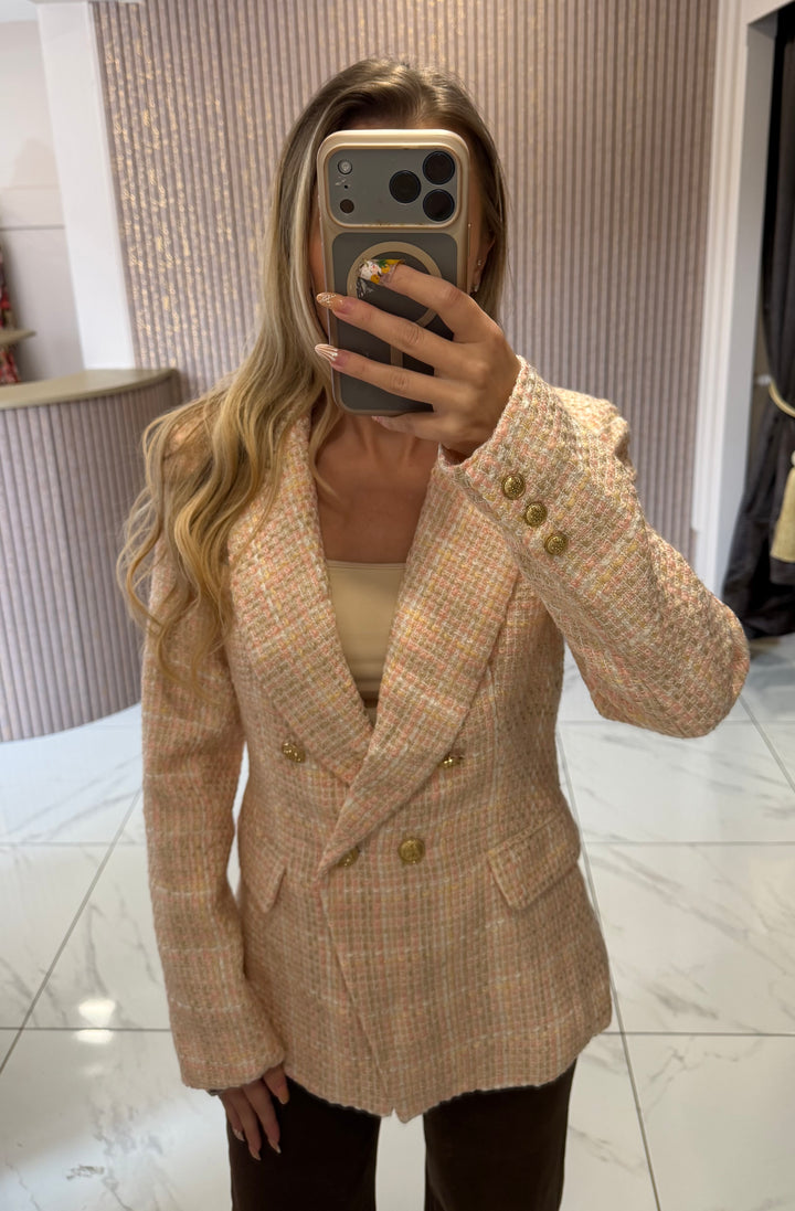 Hazel Dusky Pink Tweed Blazer With Gold Buttons