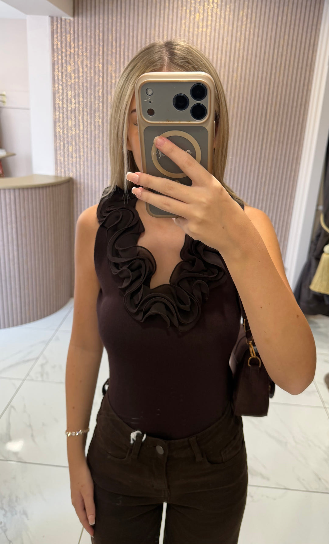 Eden Chocolate Fine Knit Ruffle Front Top