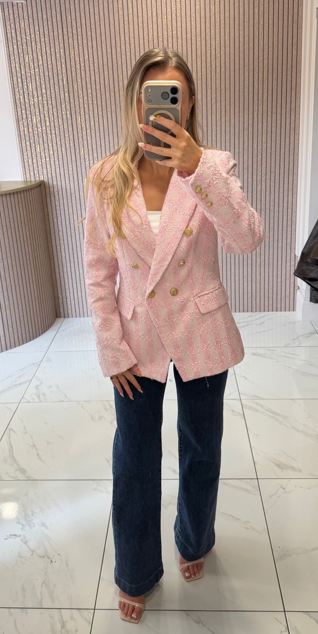 Darcy Pink Double Breasted Tweed Blazer