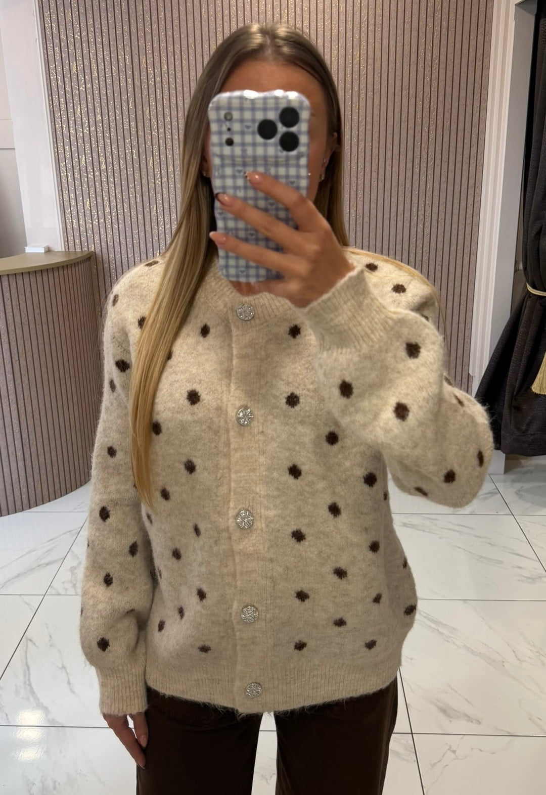 Layla Beige Polka Dot Knit Cardigan With Embellished Buttons