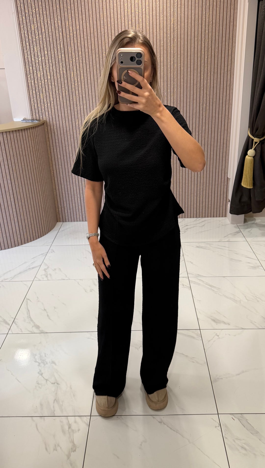 Nina Black Waffle Top &amp; Trouser Set