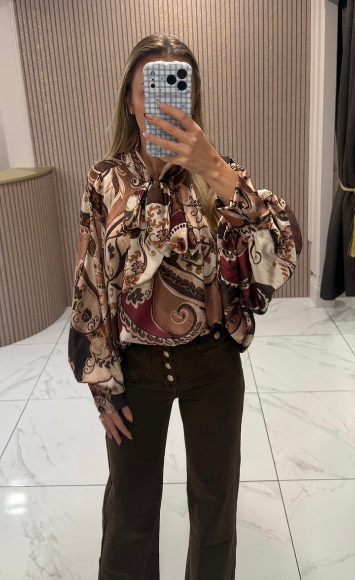 Amber Paisley Print Longline Bow Blouse