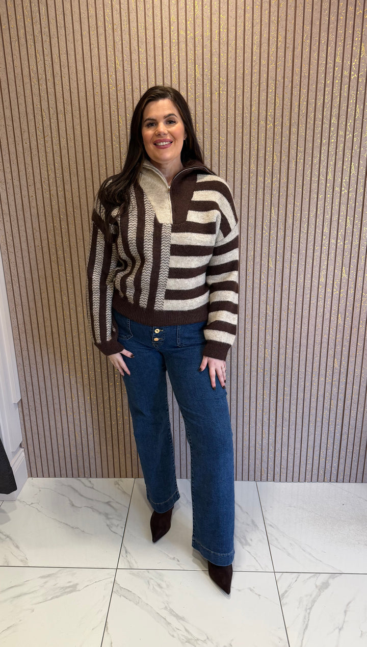 Daisy Chocolate &amp; Cream Striped 1/4 Zip Knit Jumper