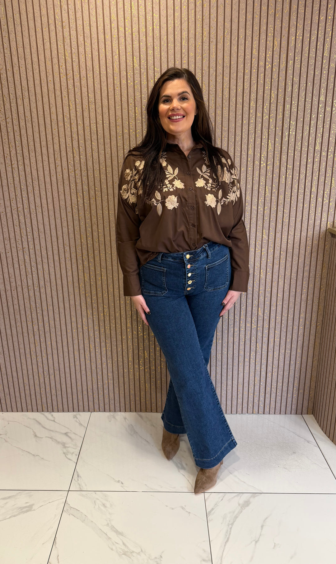 Betsy Chocolate Floral Embroidered Shirt/Blouse