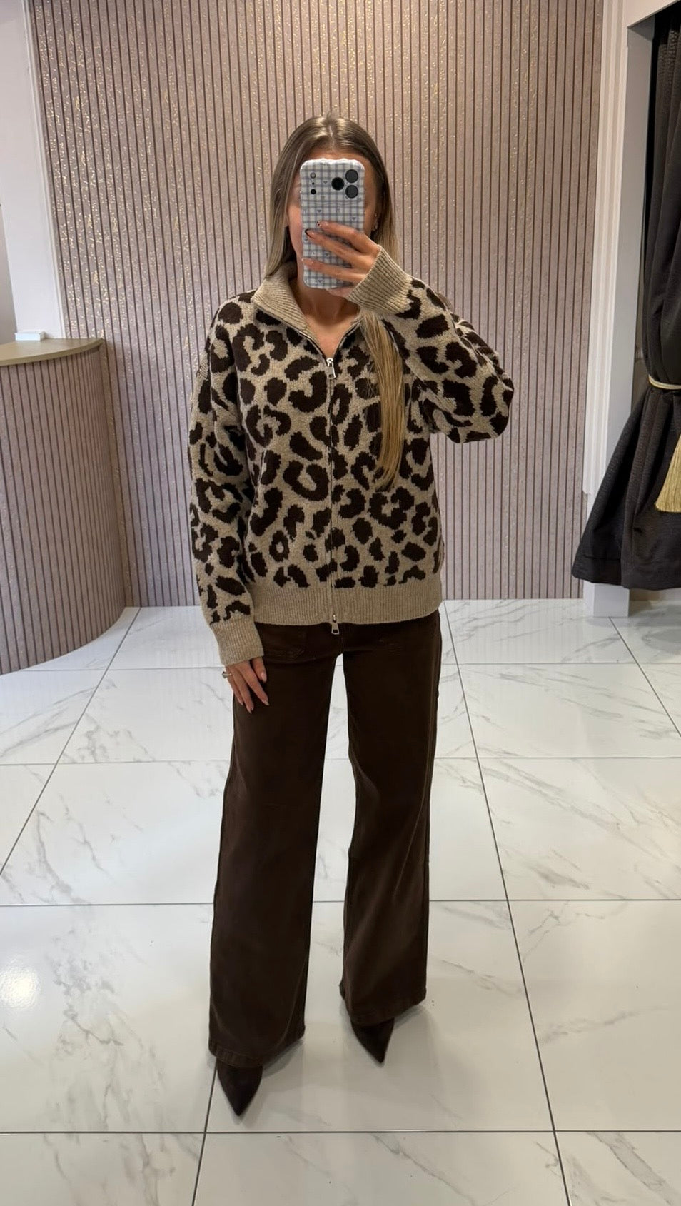 Aurora Taupe Leopard Print Zip Up Cardigan