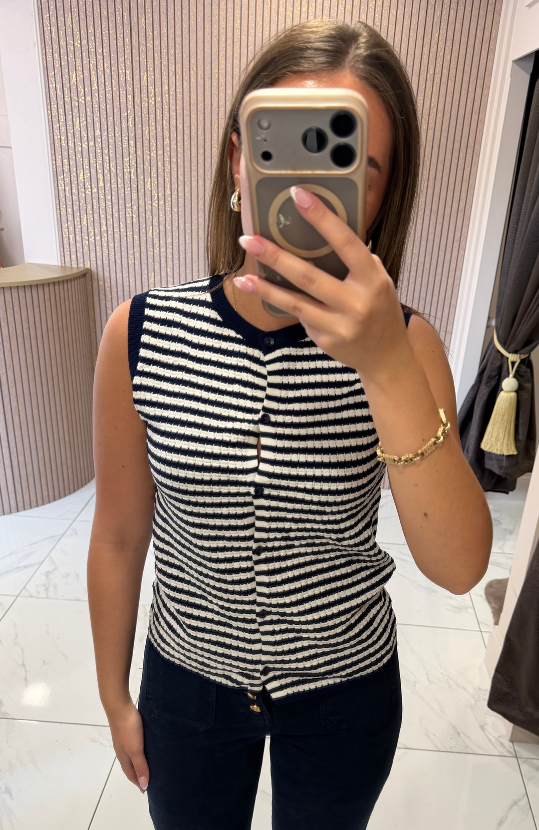 Honey Striped Navy Knit Button Front Top