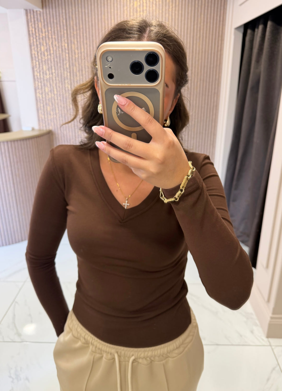 Lottie Chocolate V Neck Cotton Long Sleeve Top