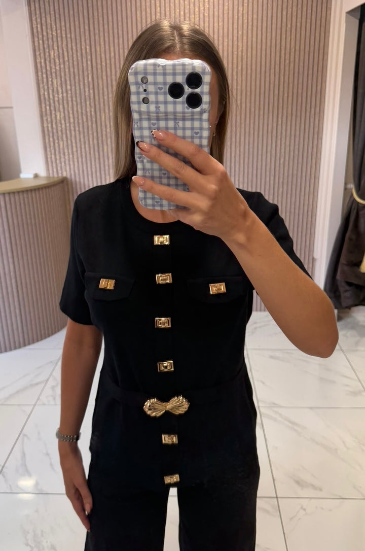Rhea Black Knit Top With Gold Statement Detail