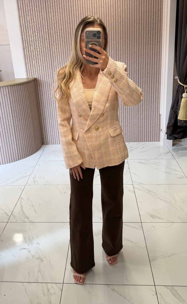 Hazel Dusky Pink Tweed Blazer With Gold Buttons