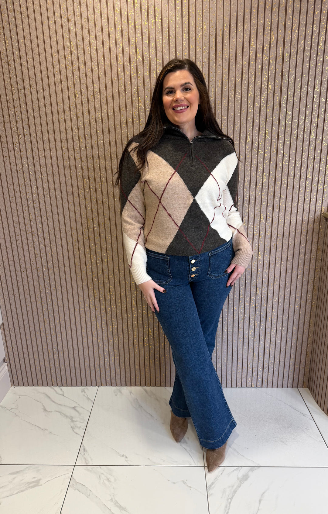 Annie Argyle Zip Up Knit Jumper