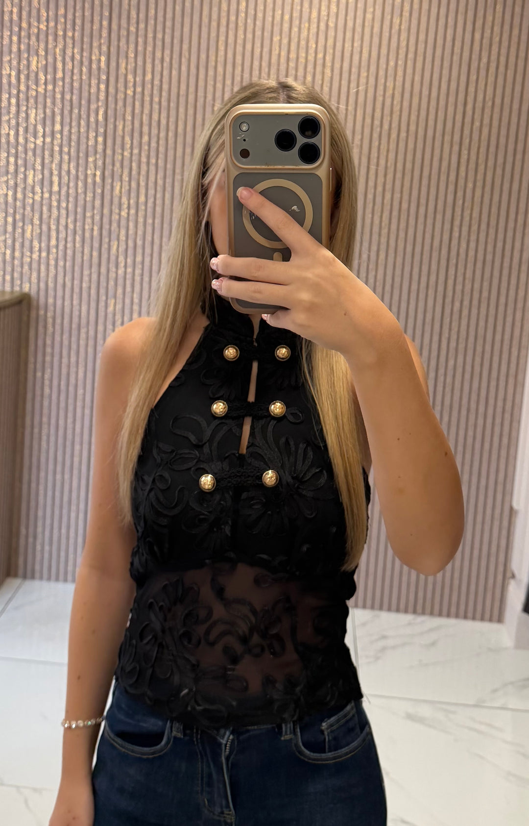 Mya Black Intricate Detail Halter-neck Top