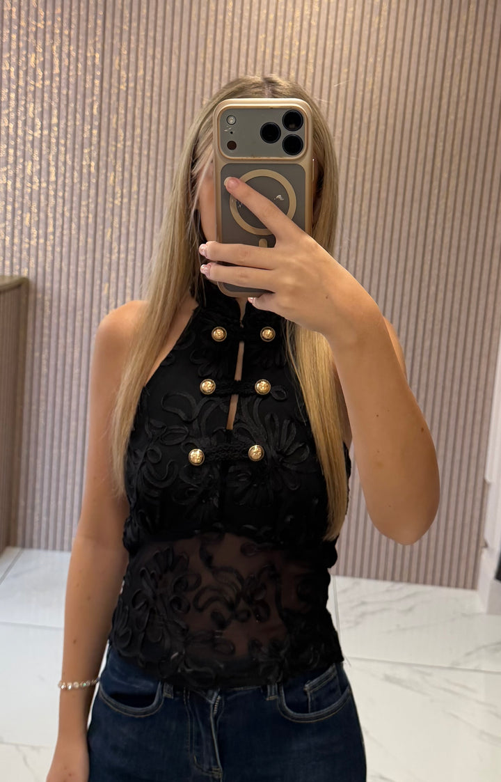 Mya Black Intricate Detail Halter-neck Top
