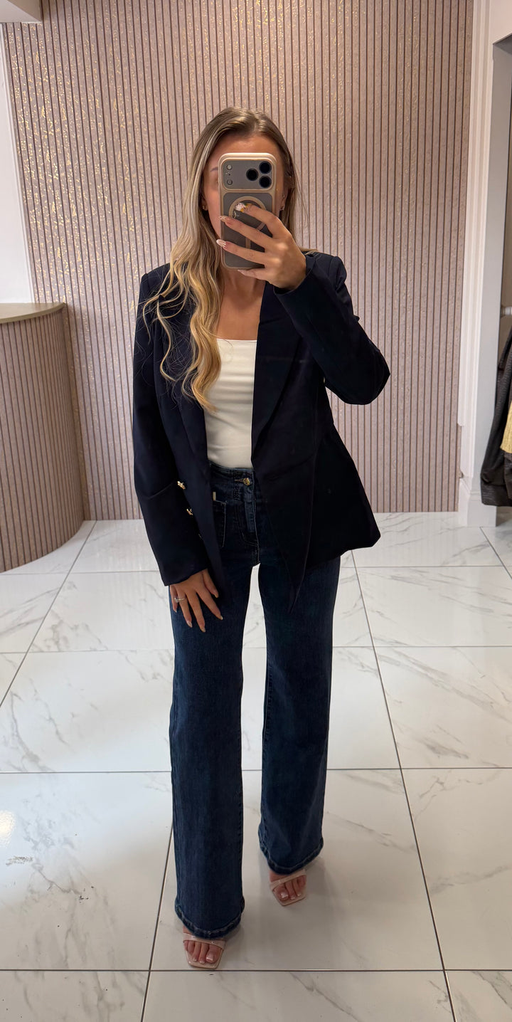Charlotte Navy Structured Blazer With Gold Buttons