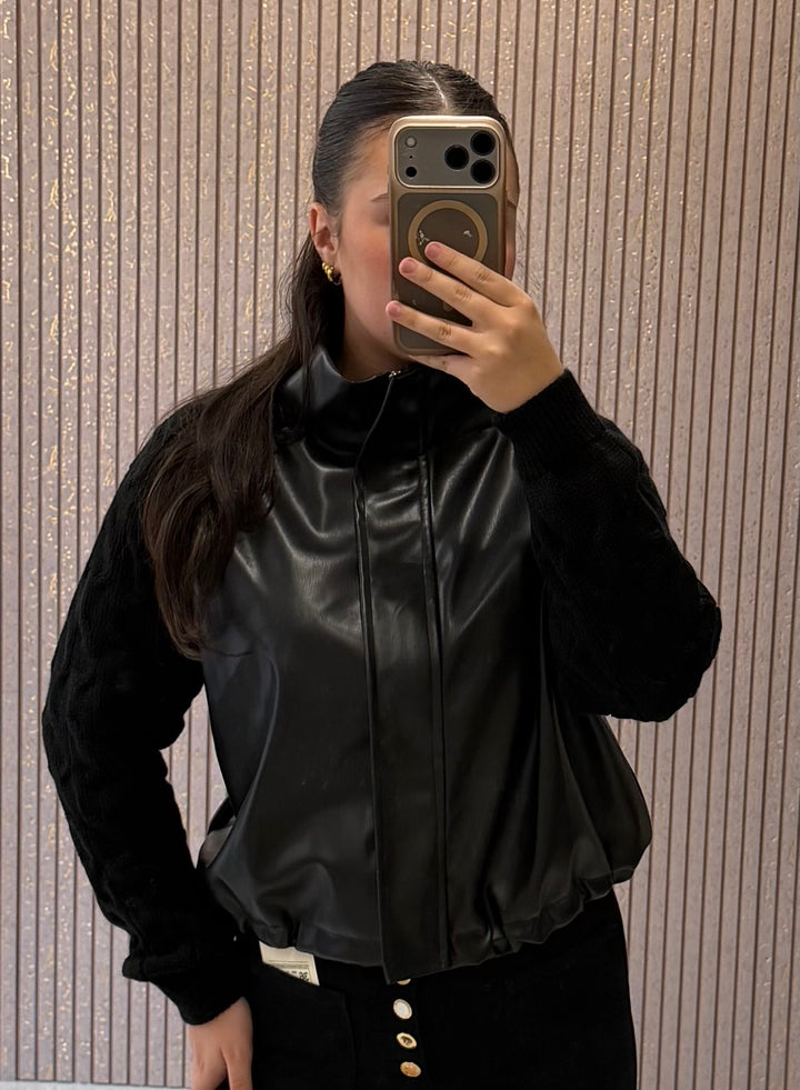 Georgie Black Faux Leather &amp; Cable Knit Jacket