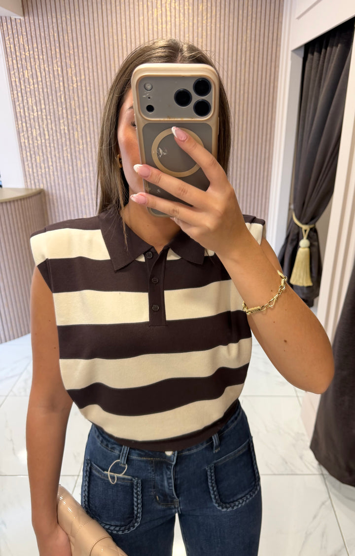 Rosie Chocolate Striped Fine Knit Button Top