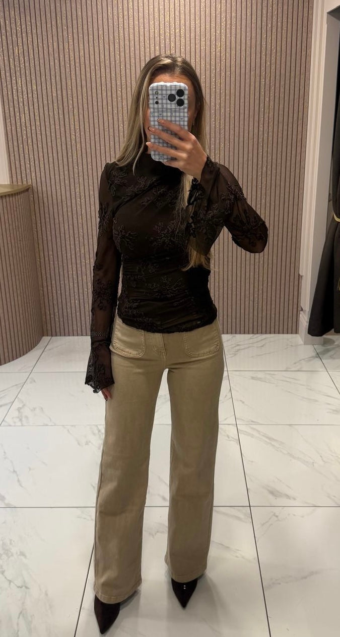 Jean Chocolate Floral Embroidered Mesh Top