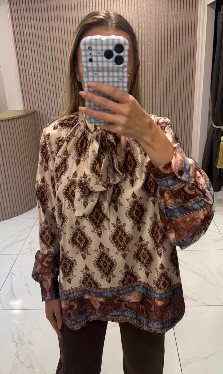 Evie Geo Boho Print Bow Blouse
