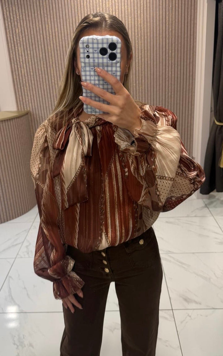 Patsy Camel Scarf Inspired Print Blouse