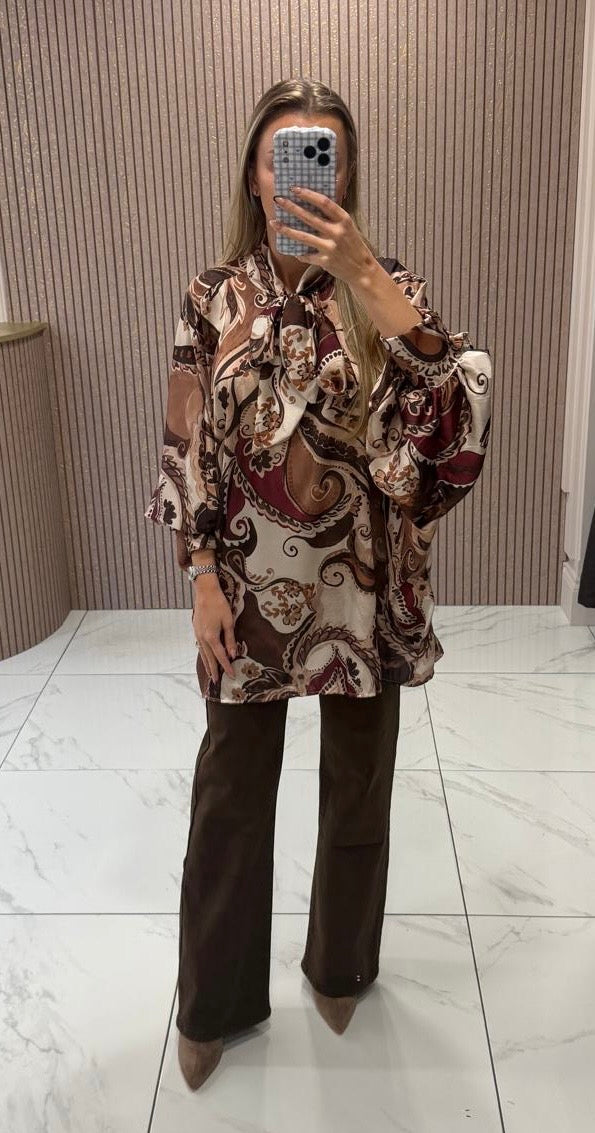 Amber Paisley Print Longline Bow Blouse