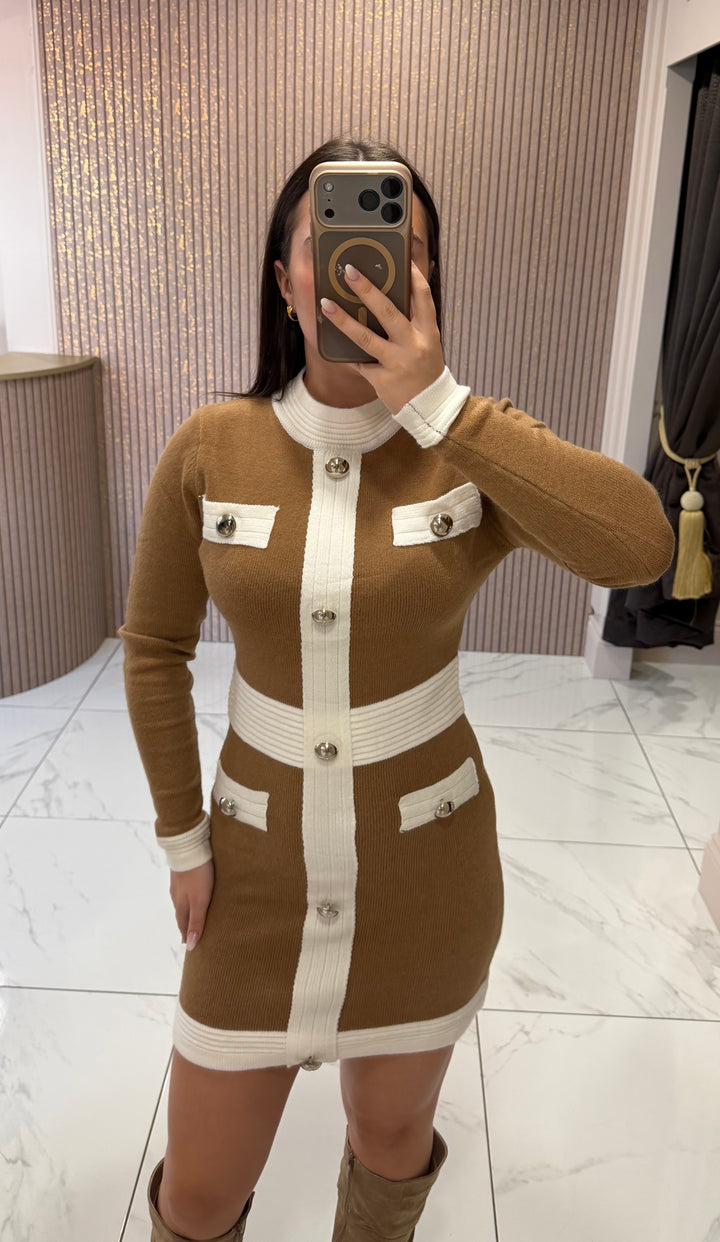 Carrie Camel &amp; White Knit Button Dress