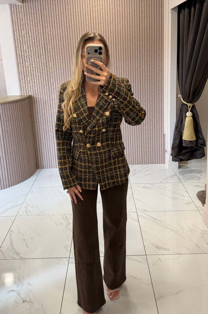Carla Brown &amp; Gold Tweed Blazer With Gold Buttons