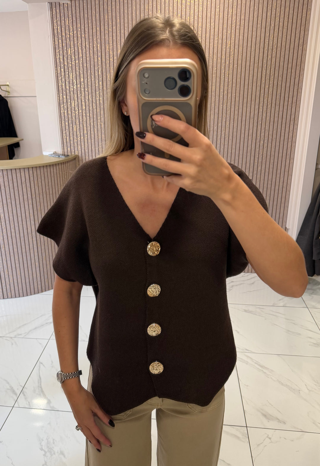 Scarlett Chocolate Gold Button Knit Top