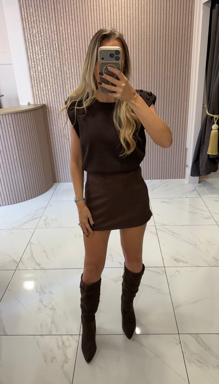 Luna Chocolate Faux Suede Skort