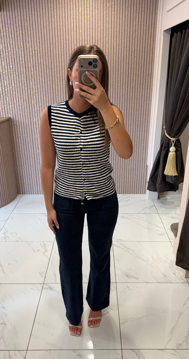 Honey Striped Navy Knit Button Front Top