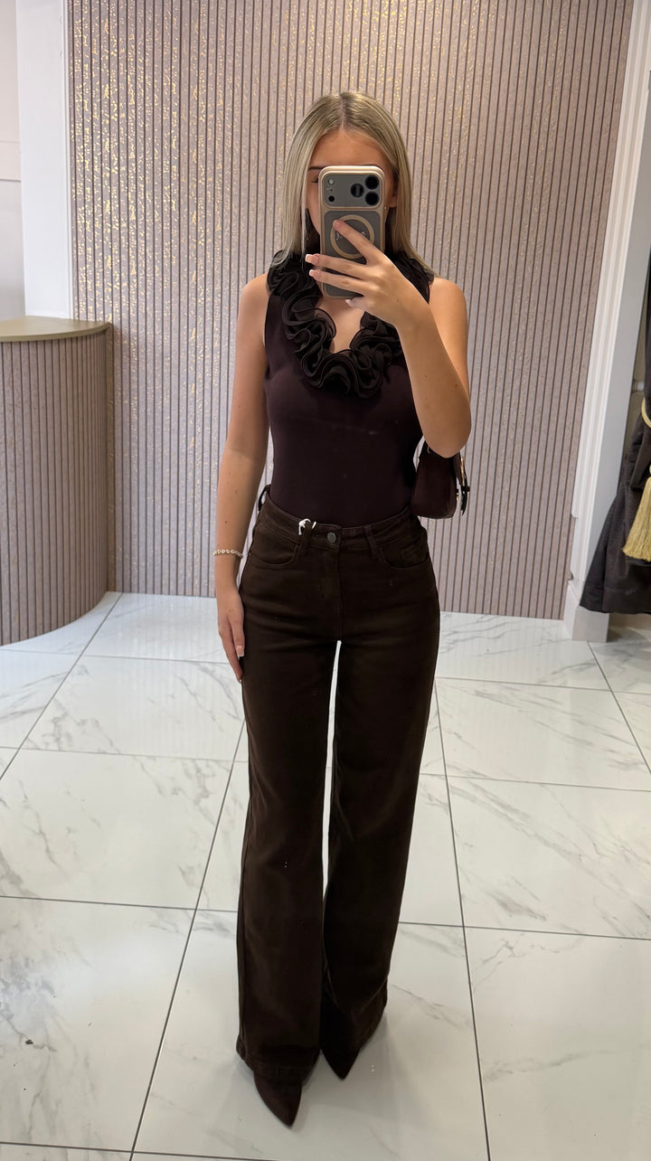 Eden Chocolate Fine Knit Ruffle Front Top